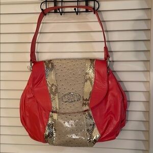 🎄Host Pick🎄 Chi by Falchi Rich Coral Leather Animal Print Tan Shoulder Bag New